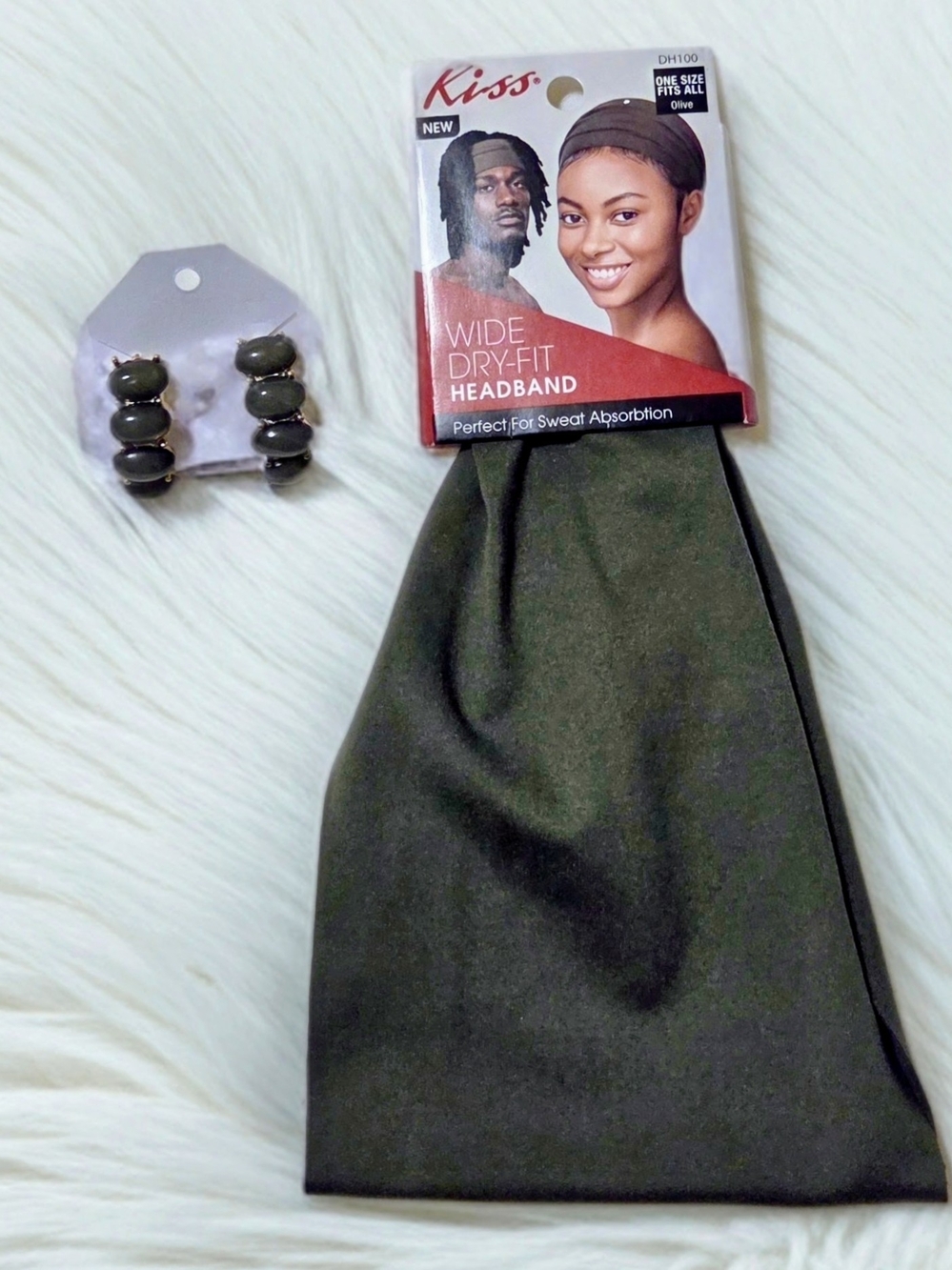 Kiss Olive Wide Dry-Fit Headband with Matching Olive Stud Earrings